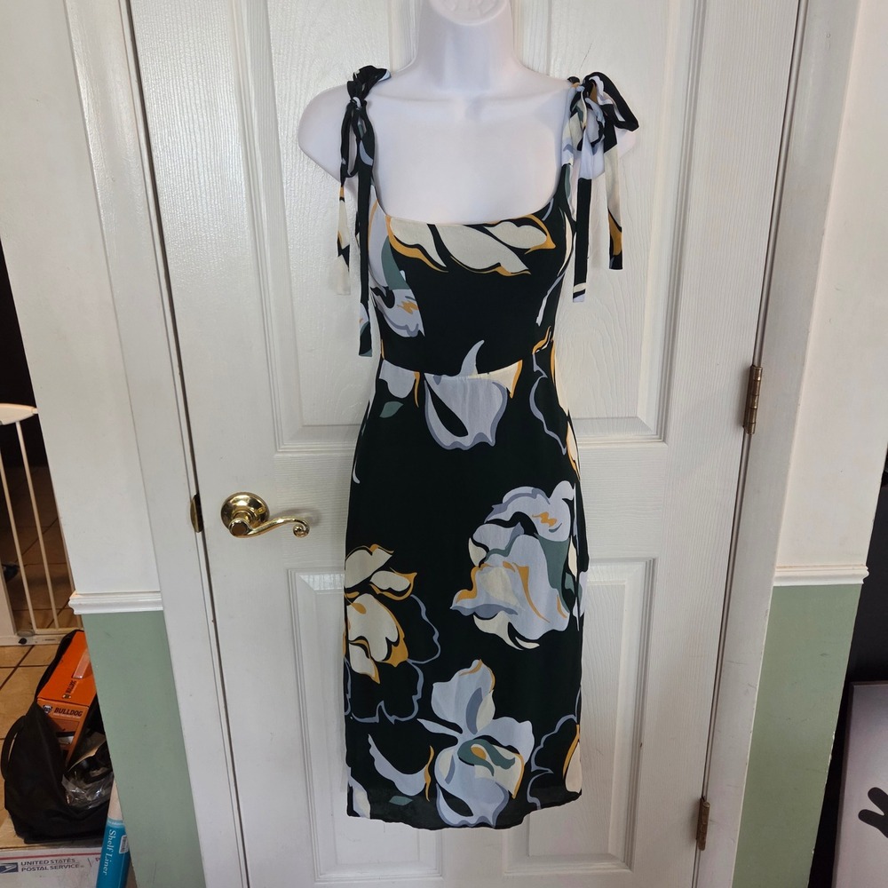 Reformation Dark Green Besse Floral Tie Shoulder Smocked Midi Dress Size 0 Boho